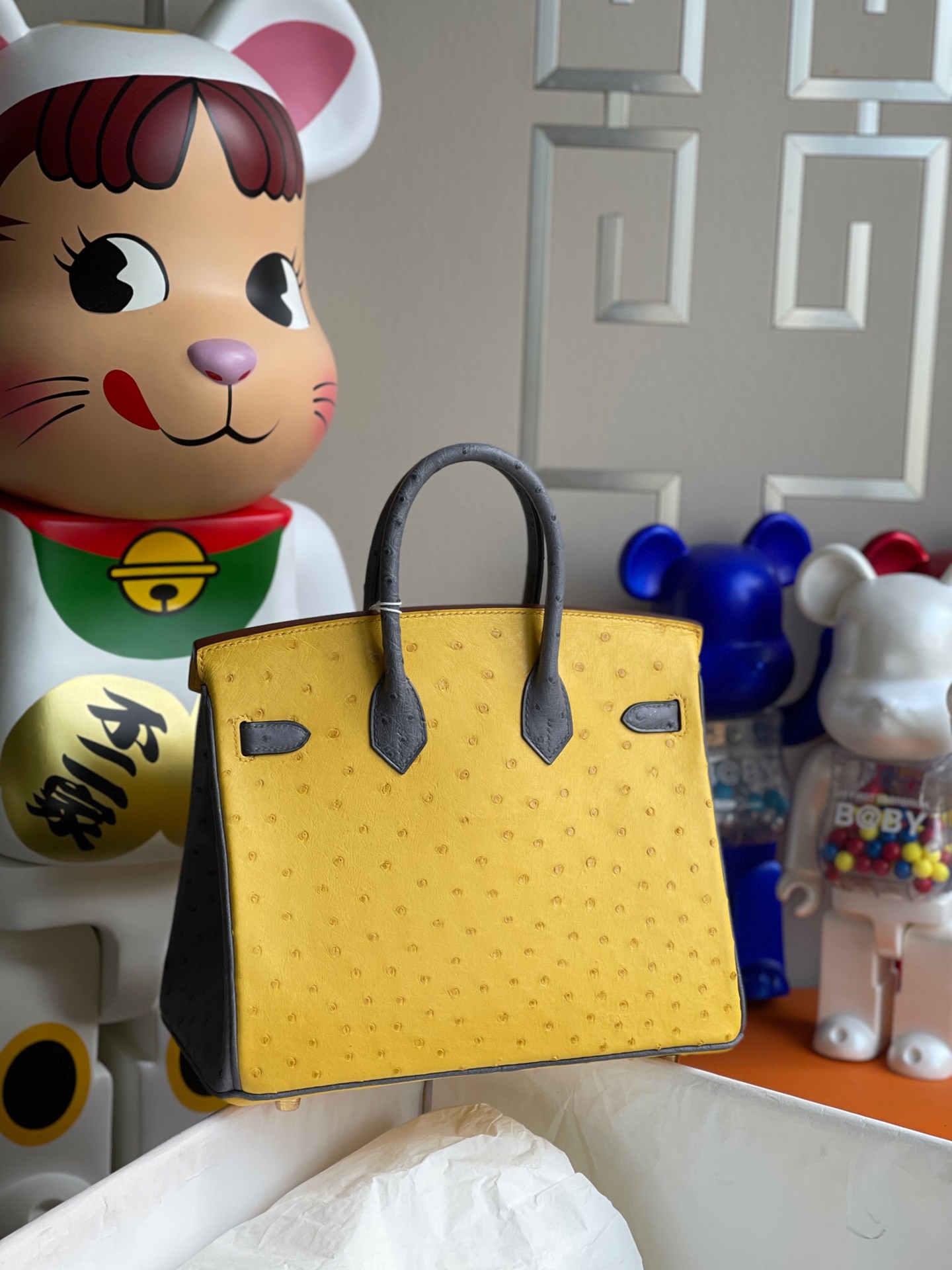 에르메스 버킨백25 앰버 옐로우 그레이 금장 타조가죽